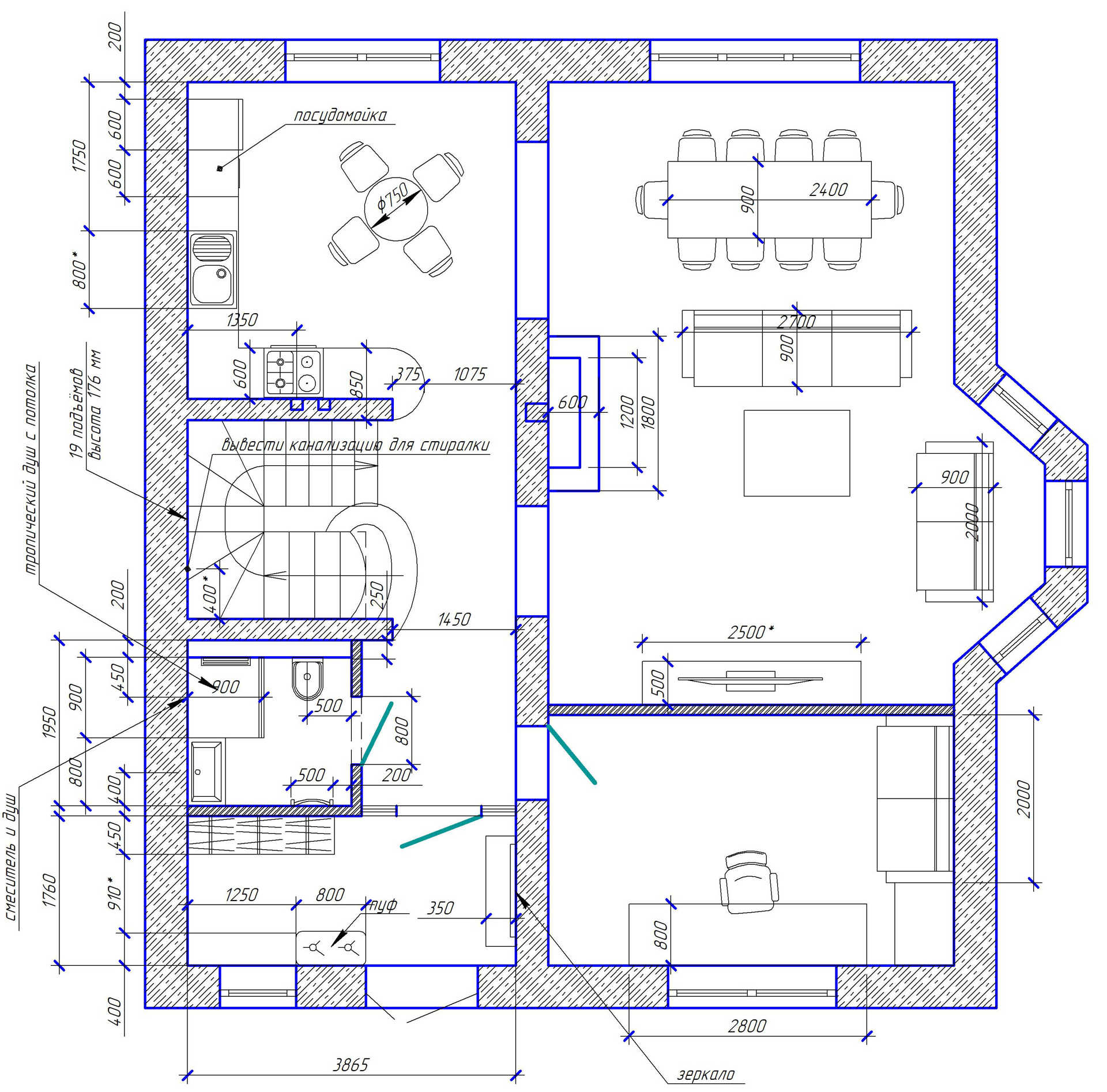 дизайн Интерьер дома в Плютах планировка 1 этаж лестница, эркер, план мебели