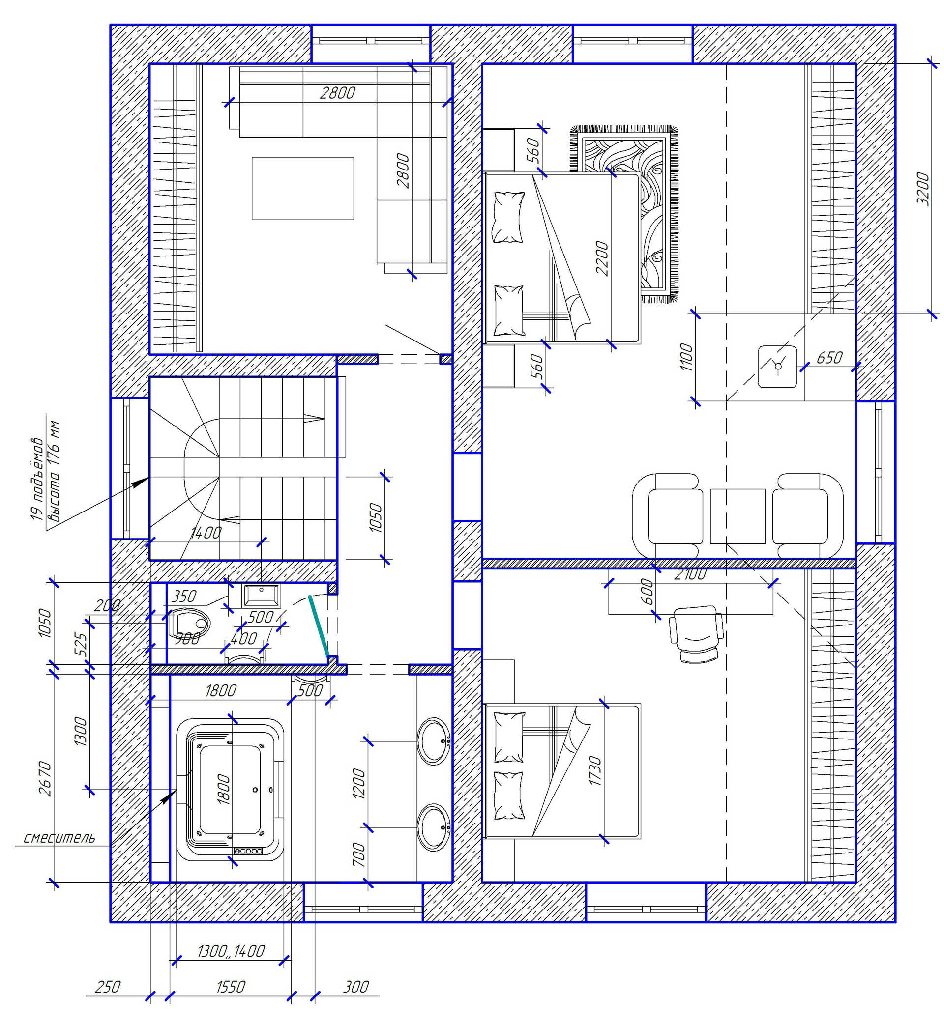 дизайн Интерьер дома в Плютах планировка, план мебели 2-й этаж