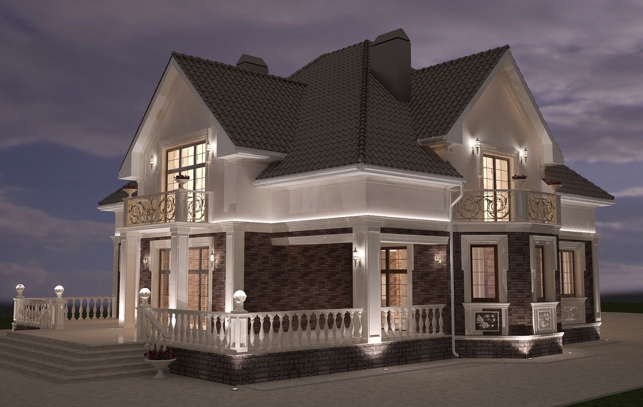 дизайн фасада дома в скандинавском стиле ночной вид