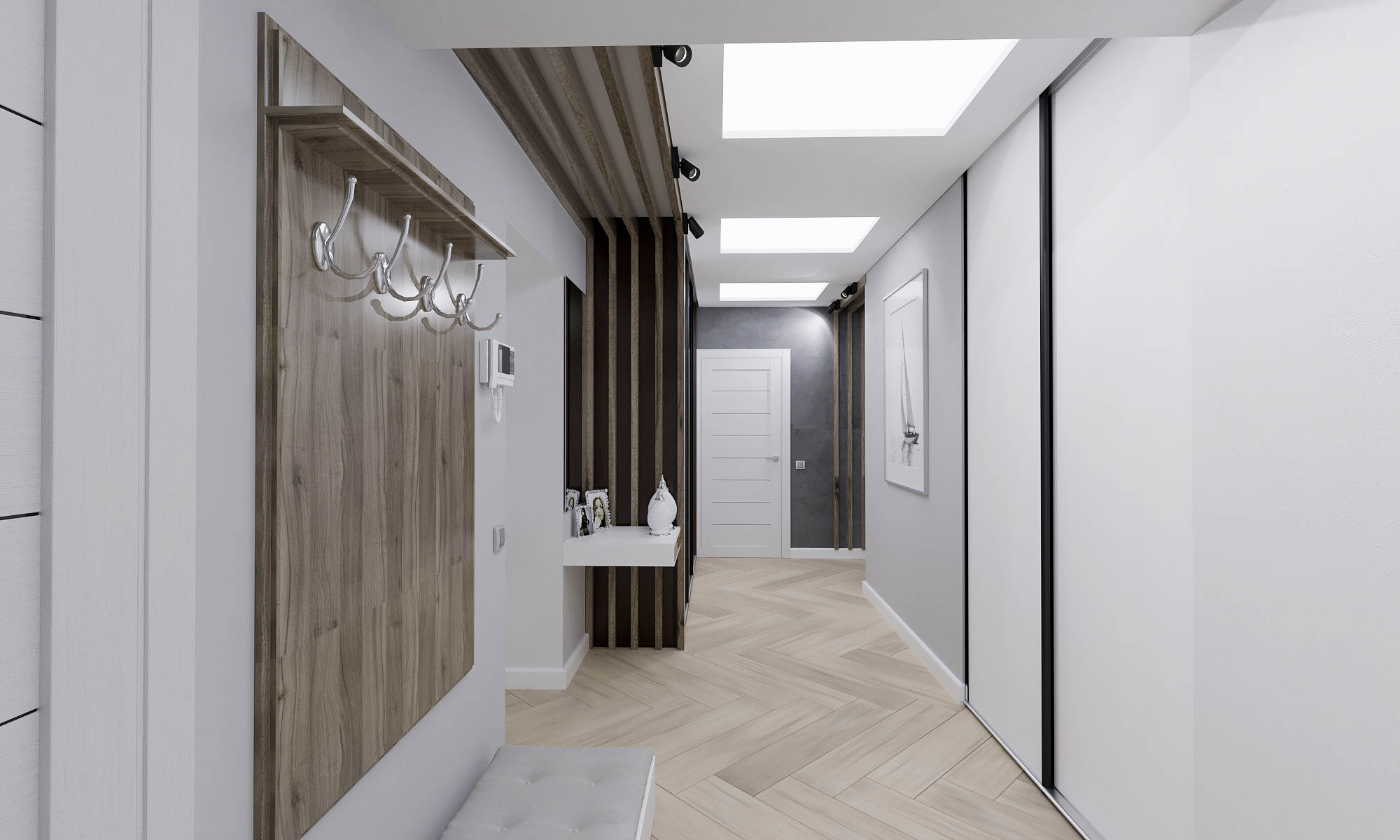коридор в светлых тонах с деревянными панелями