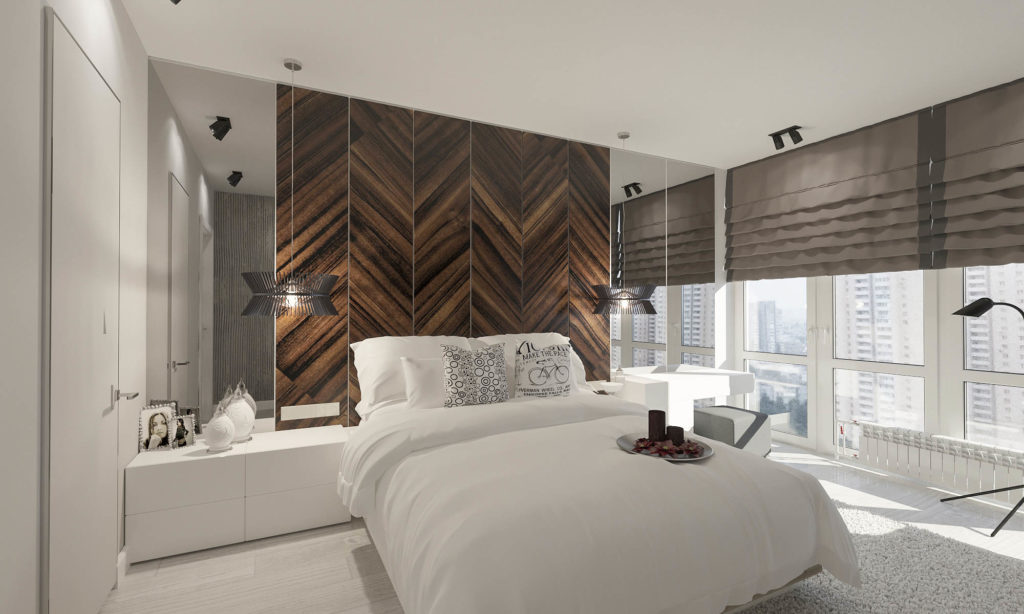 спальная комната с деревянной отделкой