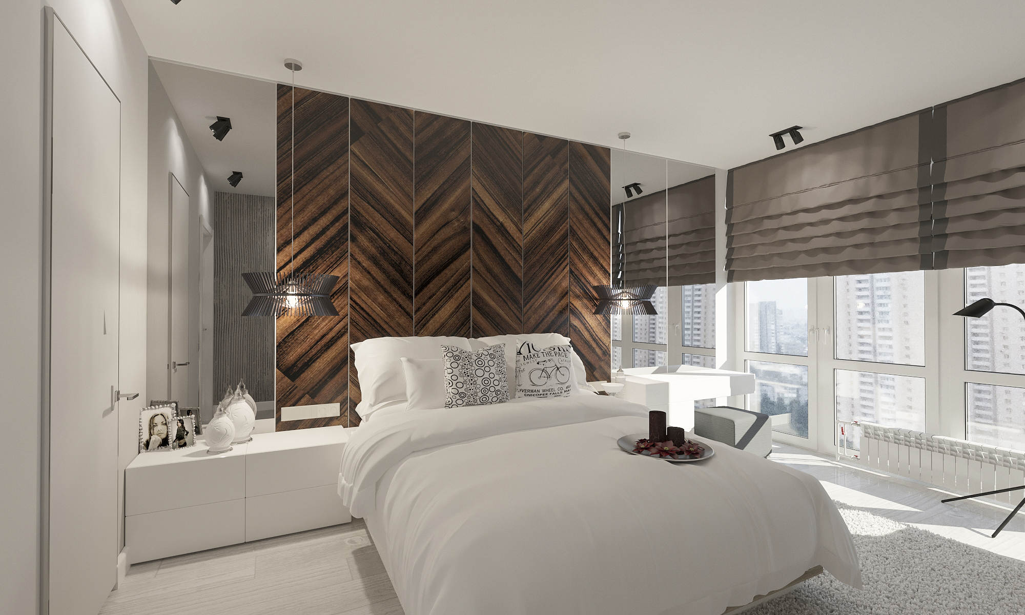 спальная комната с деревянной отделкой