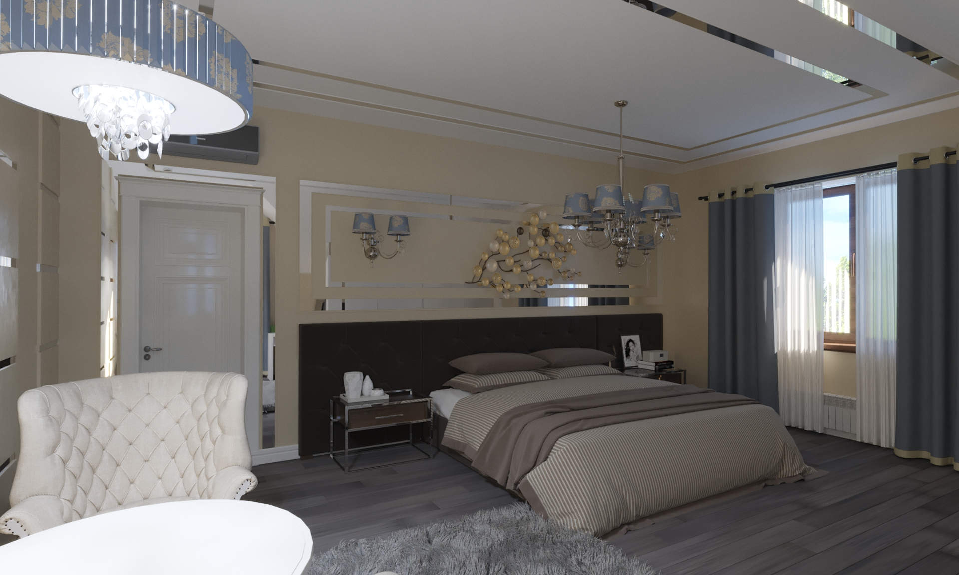 дизайн интерьера спальной в легкой классике в Плютах