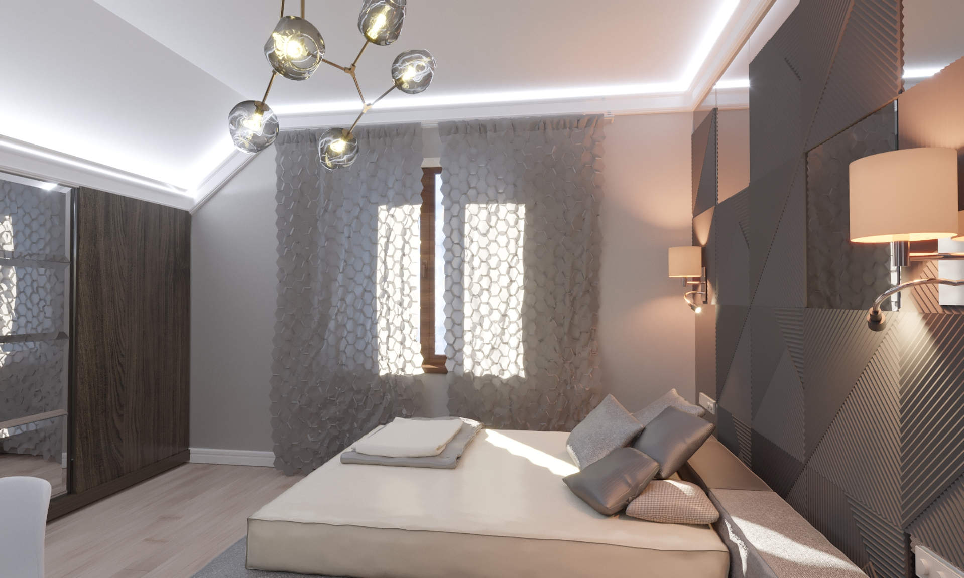 дизайн интерьера спальной с 3д панелями в Плютах