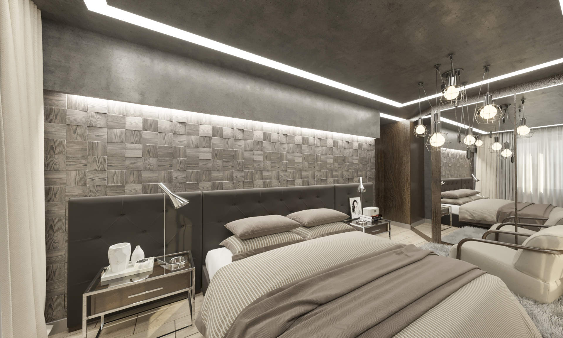 красивый дизайн современной спальни с 3д панелями