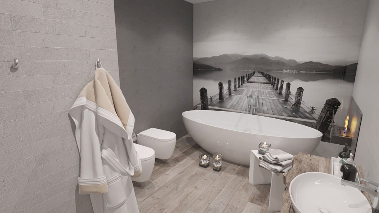 дизайн интерьера ванной с отдельностоящей камень современный стиль
