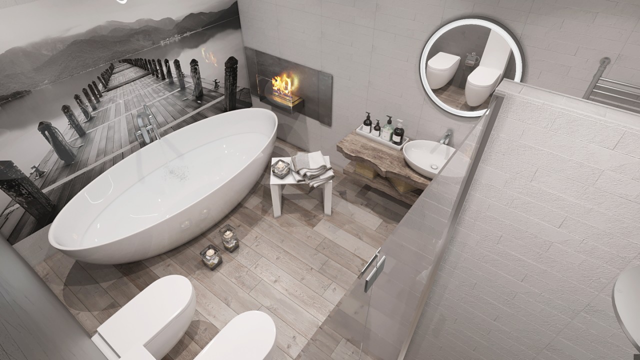 дизайн интерьера ванной с отдельностоящей камень современный стиль 2