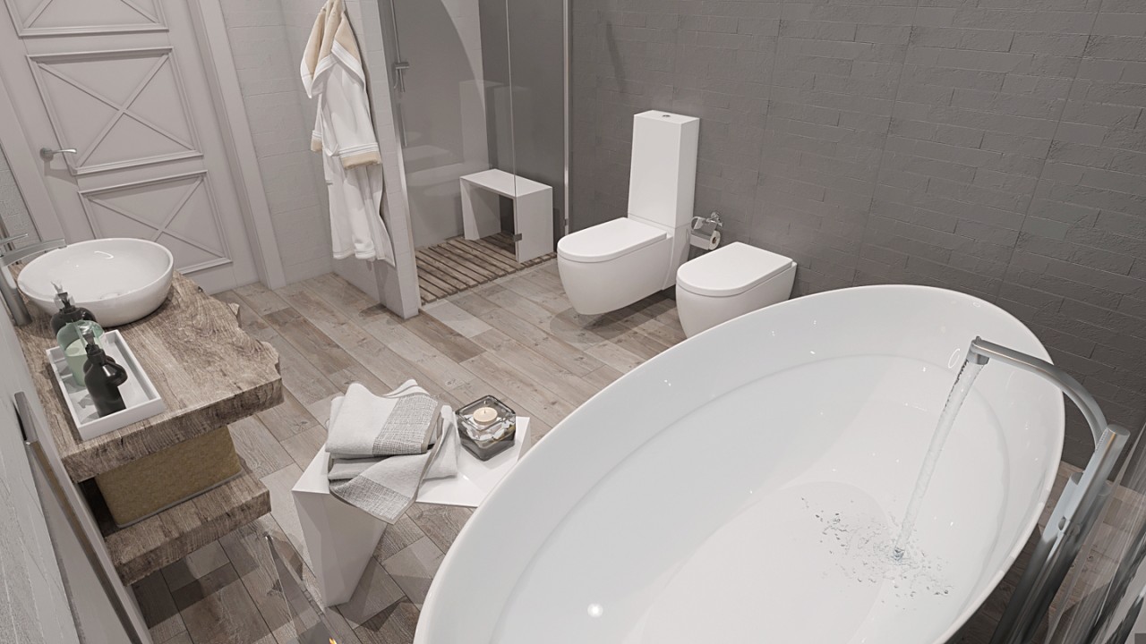 дизайн интерьера ванной с отдельностоящей камень современный стиль 3