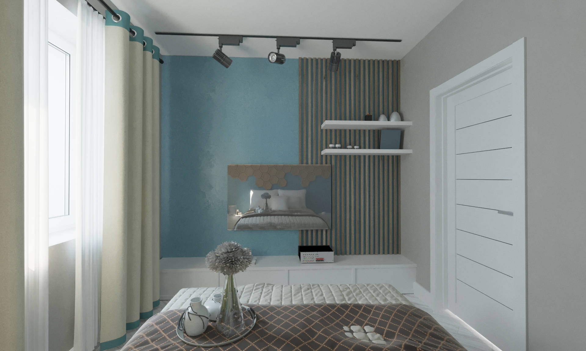 дизайн интерьера спальня в бирюзовых тонах