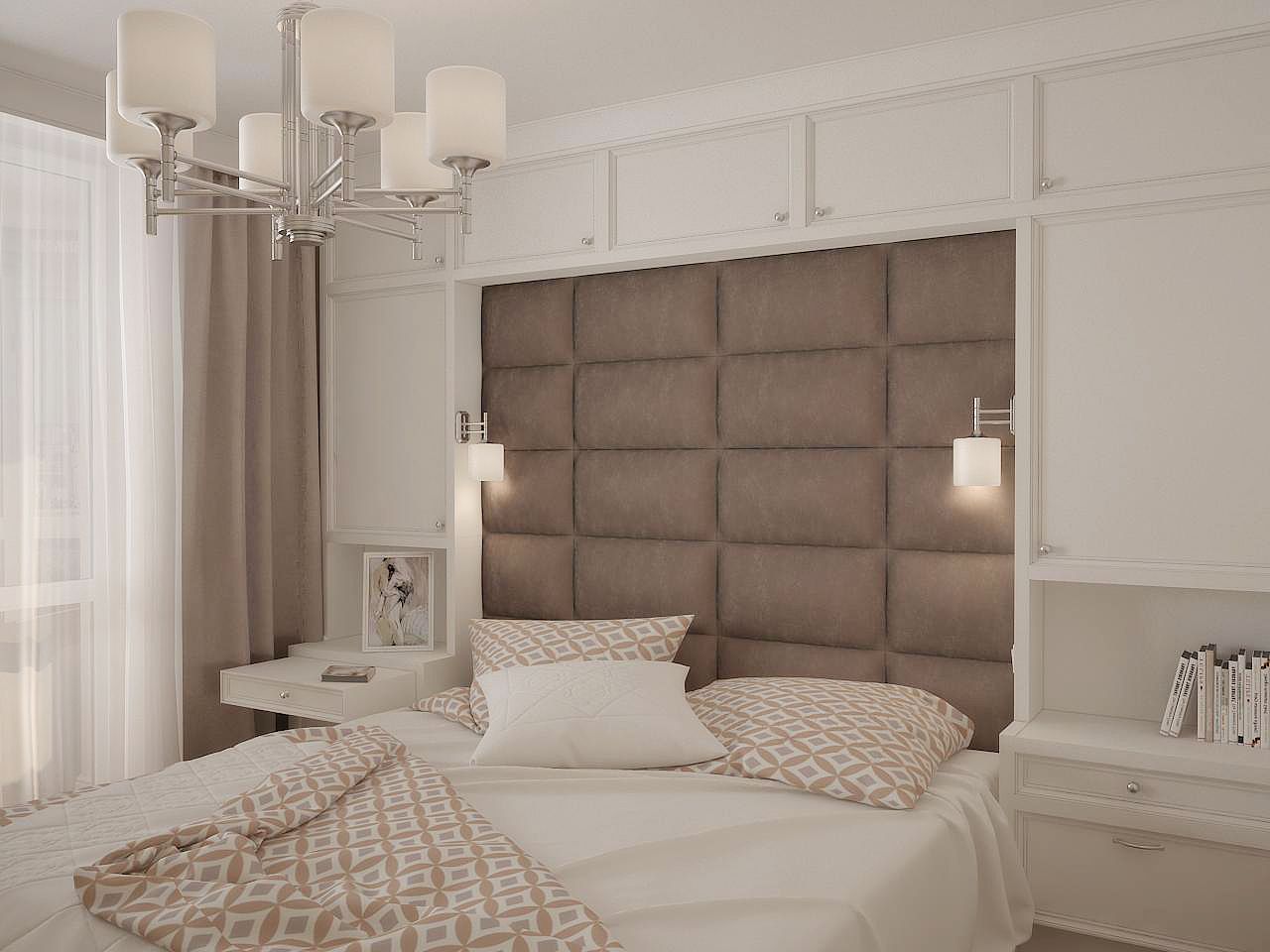 дизайн спальни в пастельных тонах с мягкими панелями