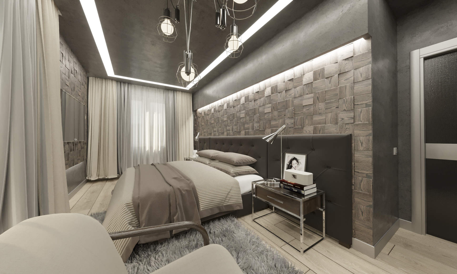 красивый дизайн современной спальни с 3д панелями