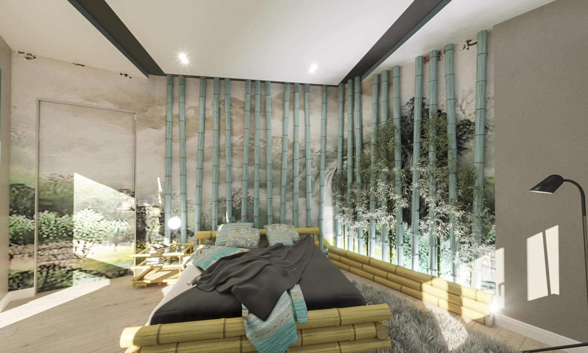 Дизайн интерьера Спальня с фото обоями и бамбуком