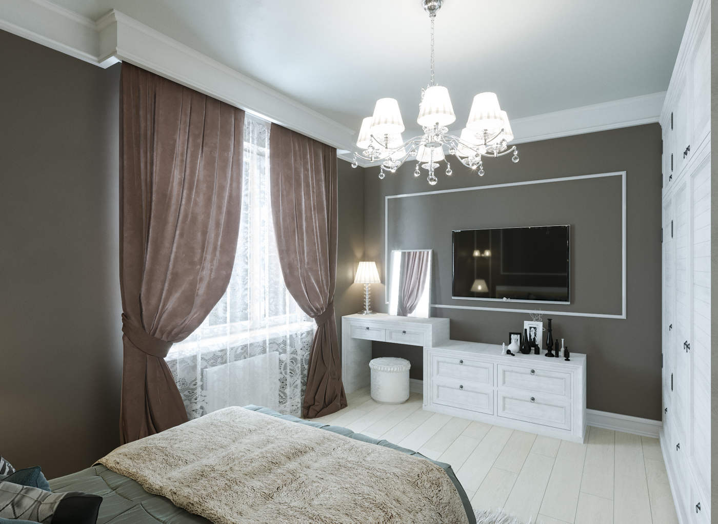 дизайн классической коричневой спальни в ЖК Челси Тауер