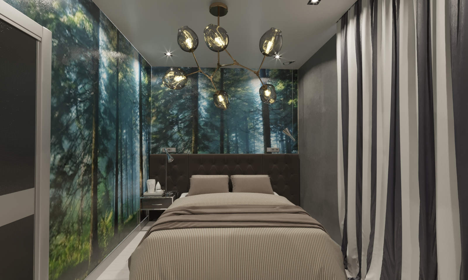 Дизайн интерьера темная спальня с фото обоями
