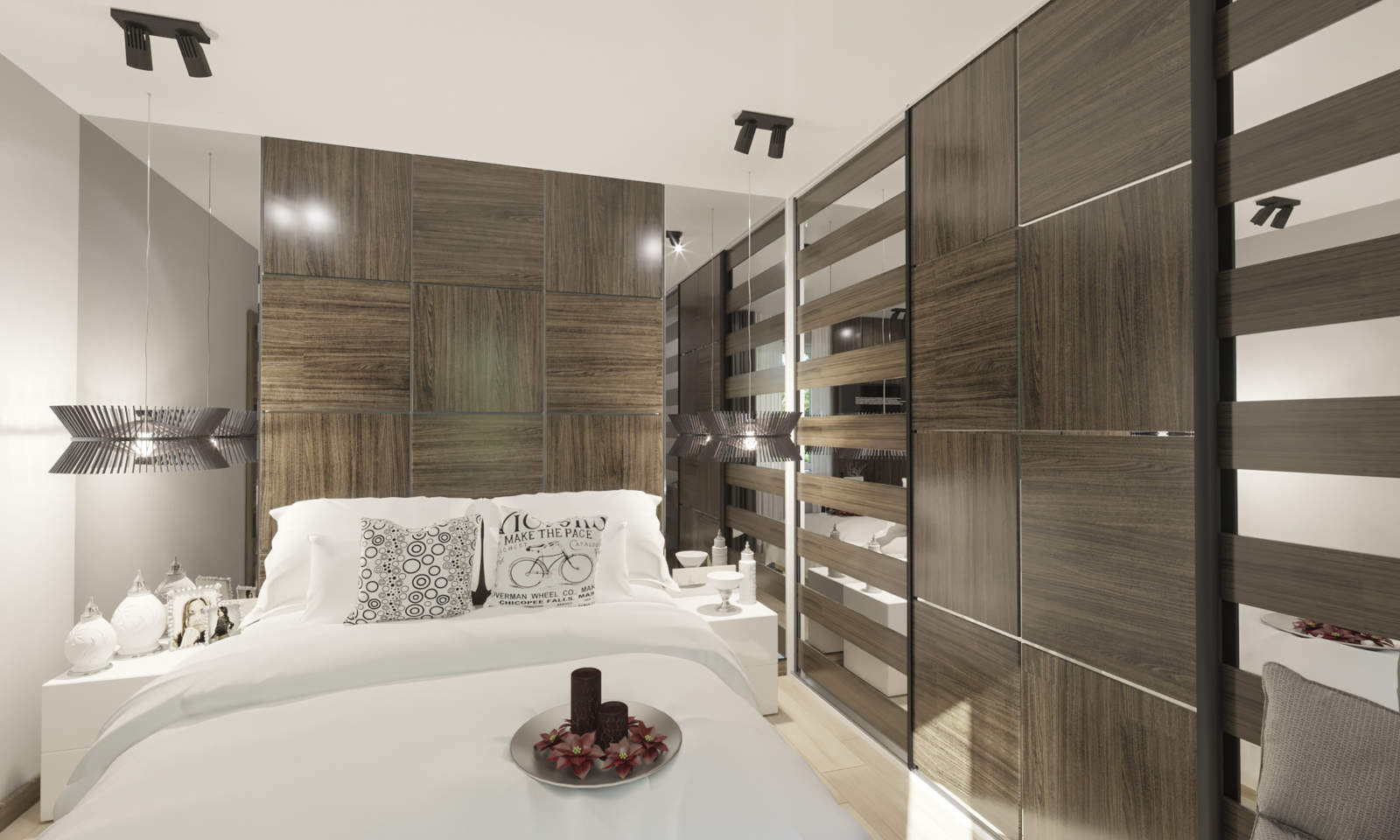 дизайн спальной с деревянными панелями частного дома