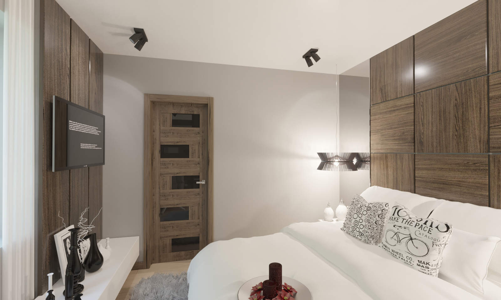 дизайн спальной с деревянными панелями частного дома