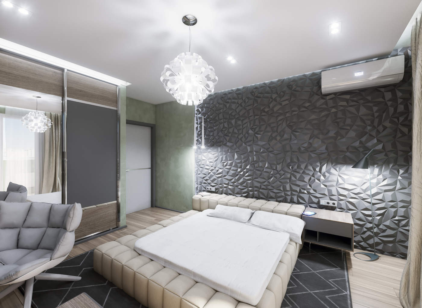 дизайн спальной с декоративным покрытием стен в ЖК Малахит