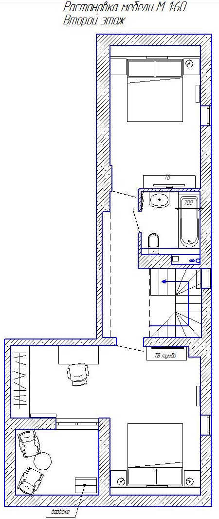 классический дизайн интерьера дома Комфорт Таун 2-й этаж план квартиры, план мебели, планировка