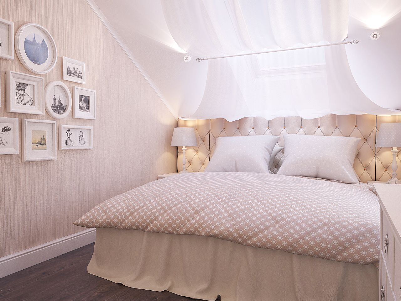 Дизайн интерьера уютной спальни Киев в прованс, легкая класика, с балдахином, розовые цвета ЖК Комфорт таун, Альтер Эго