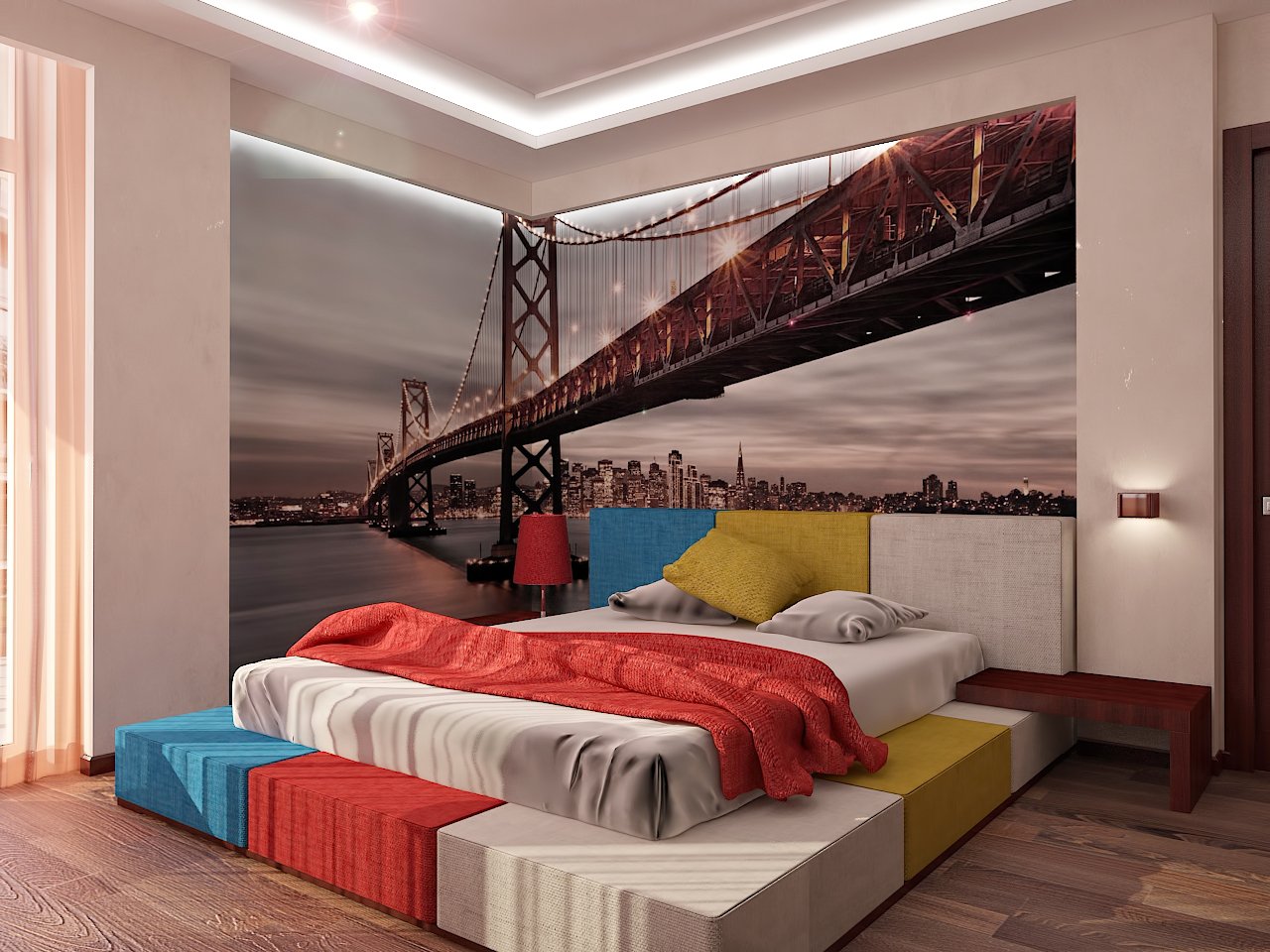 Дизайн спальни Киев фото обои на стенах, подсветка кровати, современый стиль