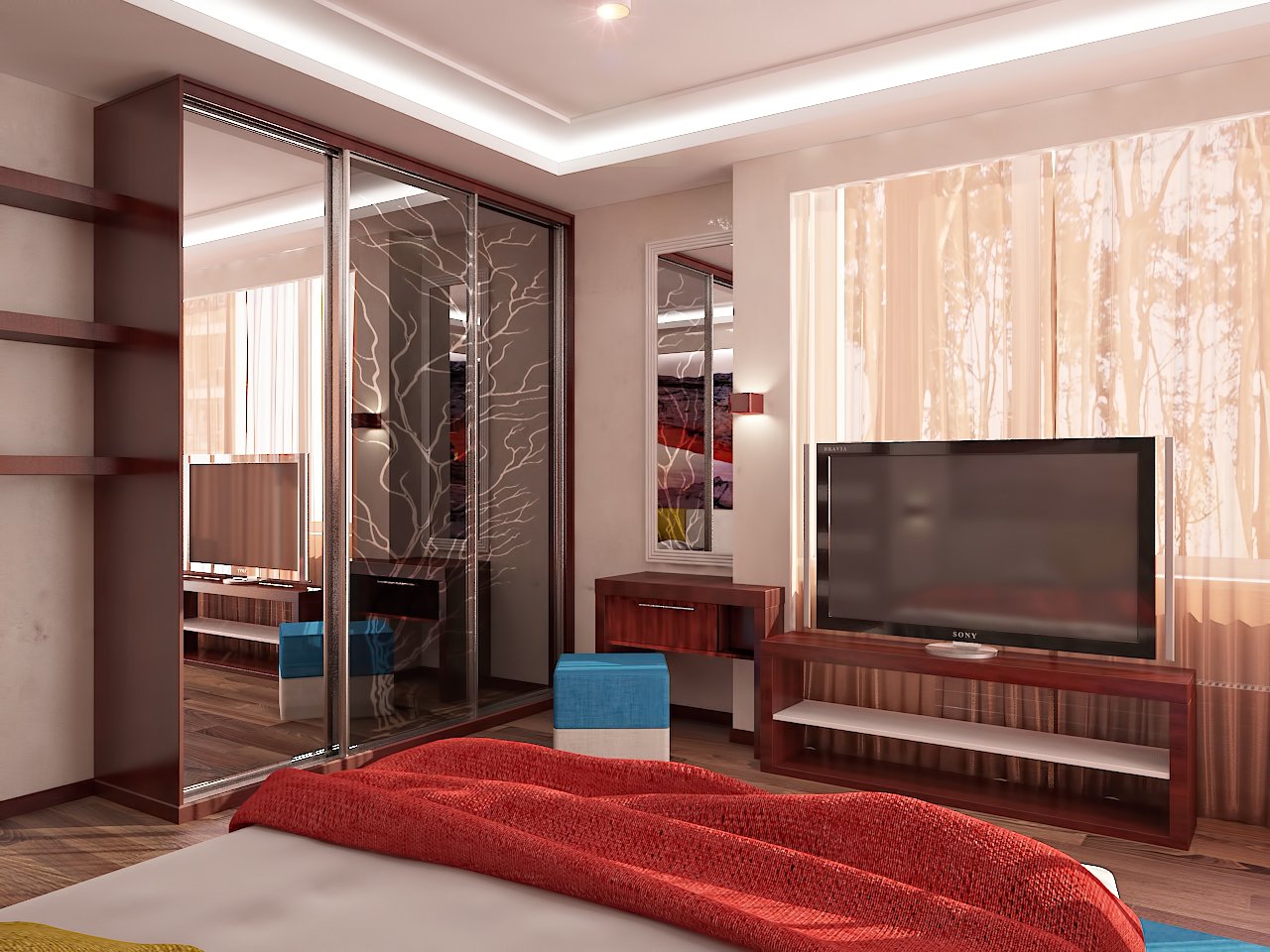 Дизайн спальни Киев современный стиль, телевизор у окна