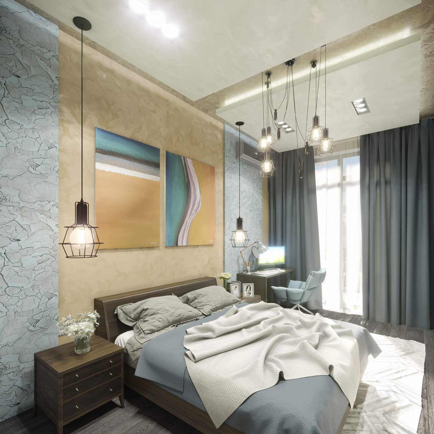 Дизайн спальни Киев современный стиль, модерн, покраска, декоративная штукатурка, интересные идеи, подсветка, картины декор над кроватью