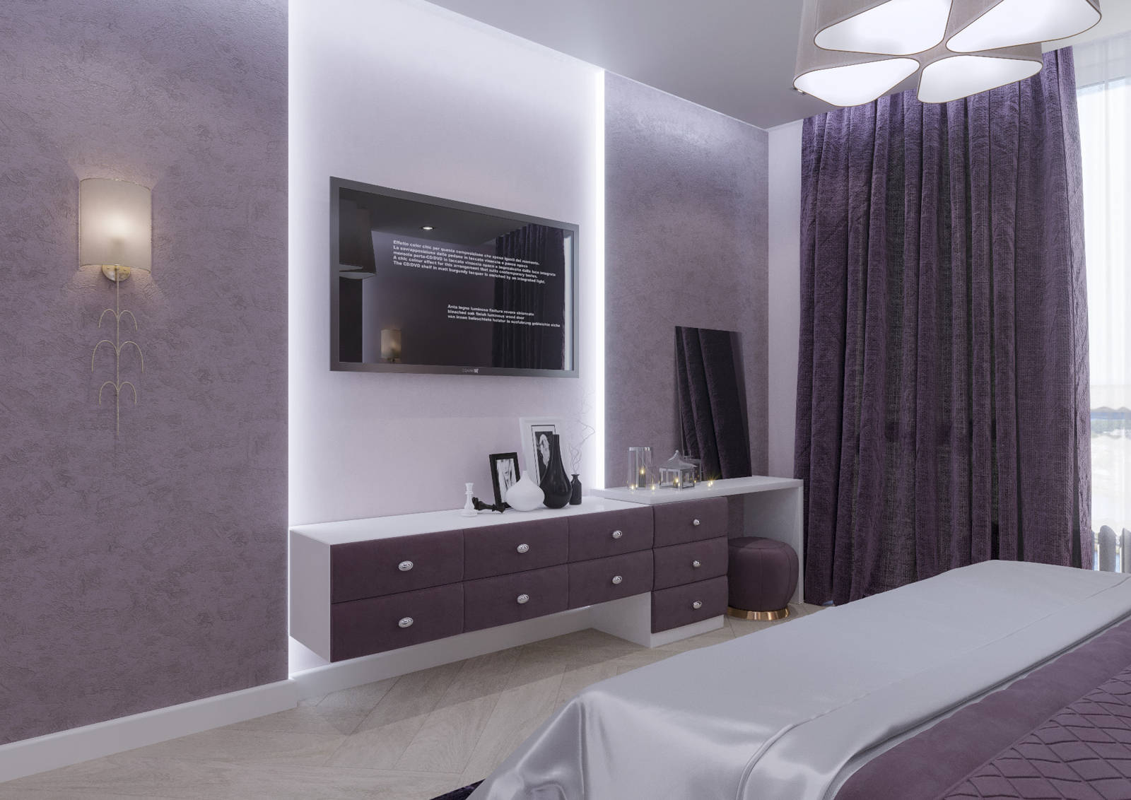 Дизайн спальни Киев подсветка телевизора идеи интерьера, бордовые цвета, сиреньевый, новые идеи