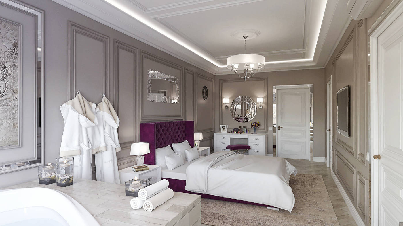 Дизайн спальни Киев классика, нео классика, прованс, панели на стенах, декор, подсветка