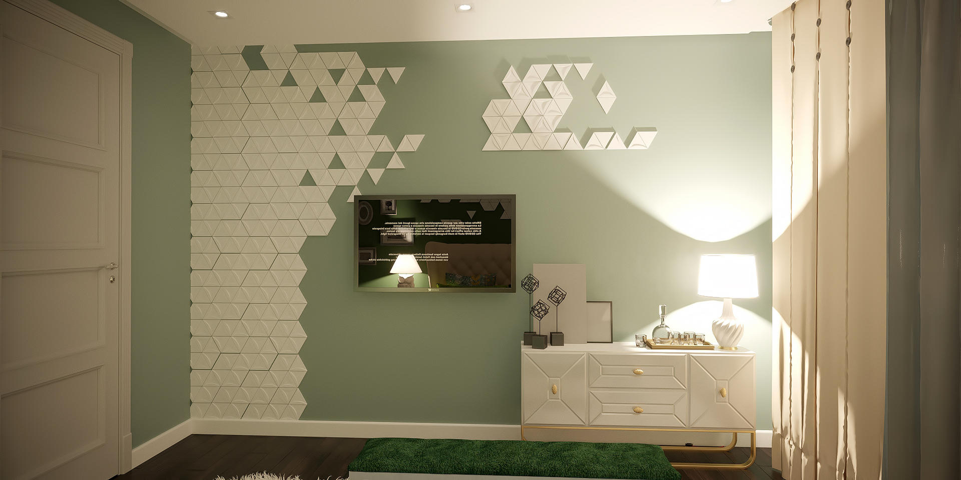 Дизайн спальной комнаты идеи фото Киев. панели на стенах из гибса, салатовый цвет
