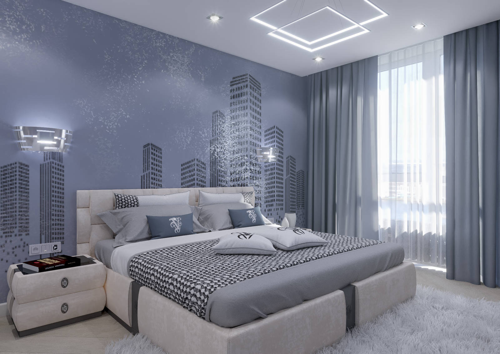 Дизайн спальни Киев карта над кроватью, наклейки на стенах, интерьер скандинавский, современный, лофт