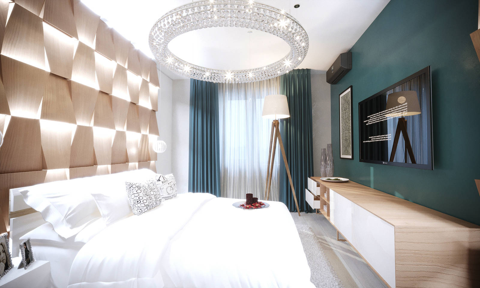 Дизайн спальни Киев современный стиль, панели над кроватью с подсветкой, дерево на стенах, 3д панели, идеи