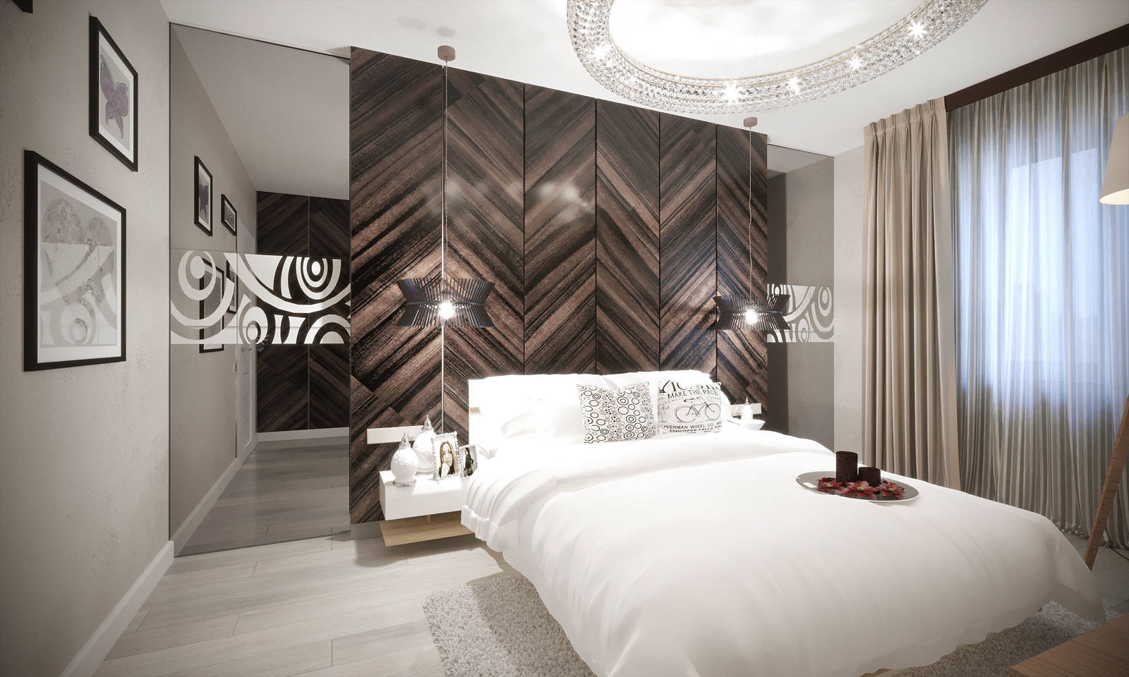 Дизайн спальни Киев современный стиль, панели на стене паркет на стене, дерево светильники