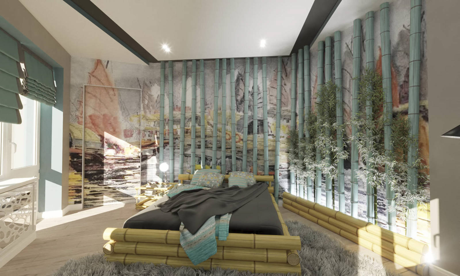 Дизайн спальни Киев необычные идеи, бамбук на стенах лес в спальне, деревья, китайский стиль, дверь скрытого монтажа невидимка, фото на стенах роспись