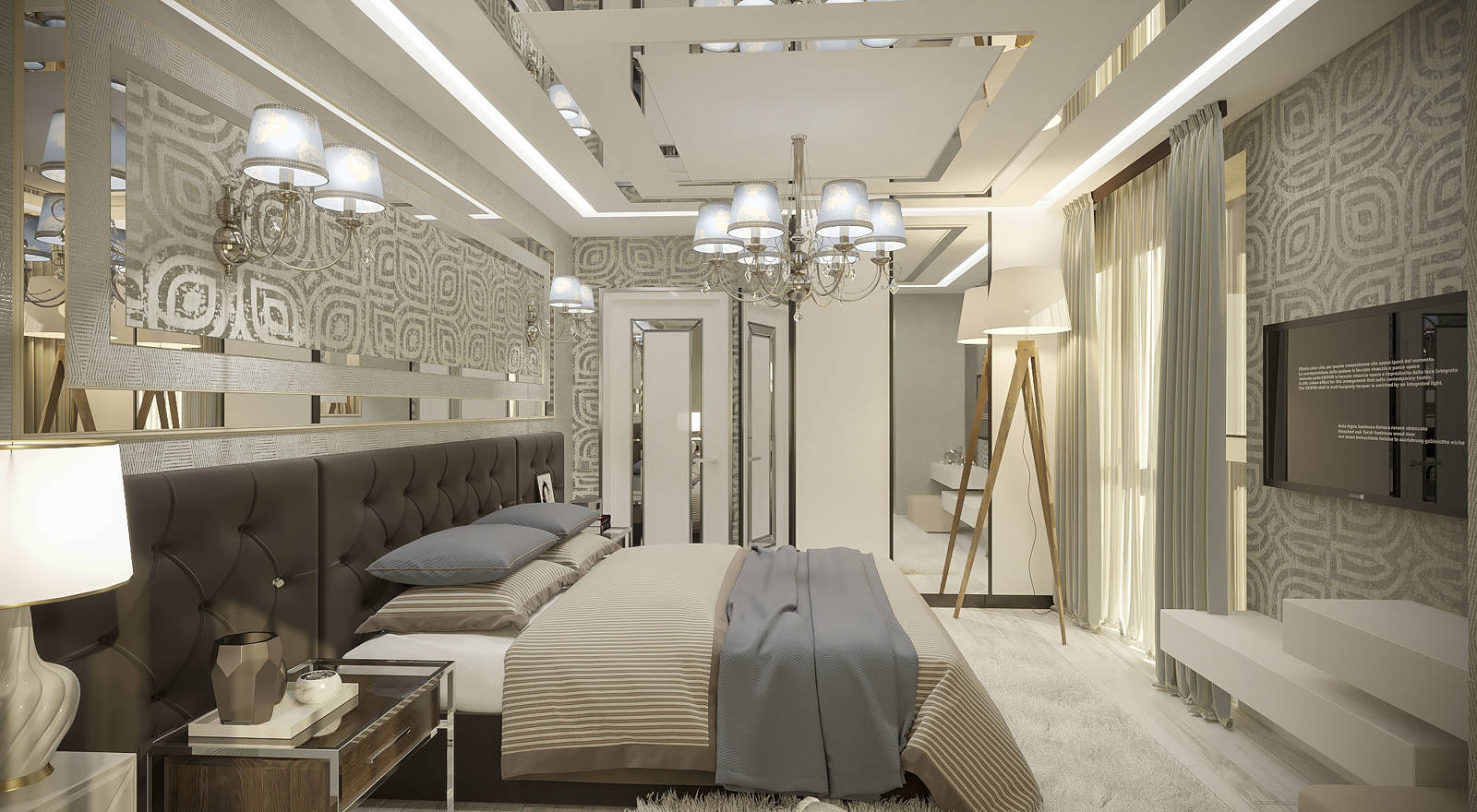 Дизайн спальни Киев новая классика, нео классика, Арт Деко, современная, зеркала на стенах, светильники тумбочки кровать