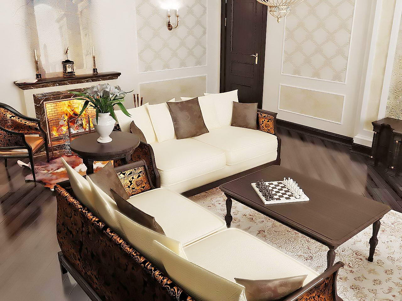 Дизайн интерьера гостиной в классике, диван камин
