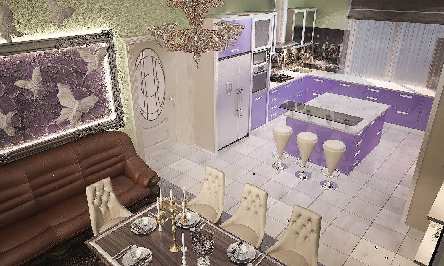 Дизайн интерьера кухни, гостиная и столовая в современной классике, модерн