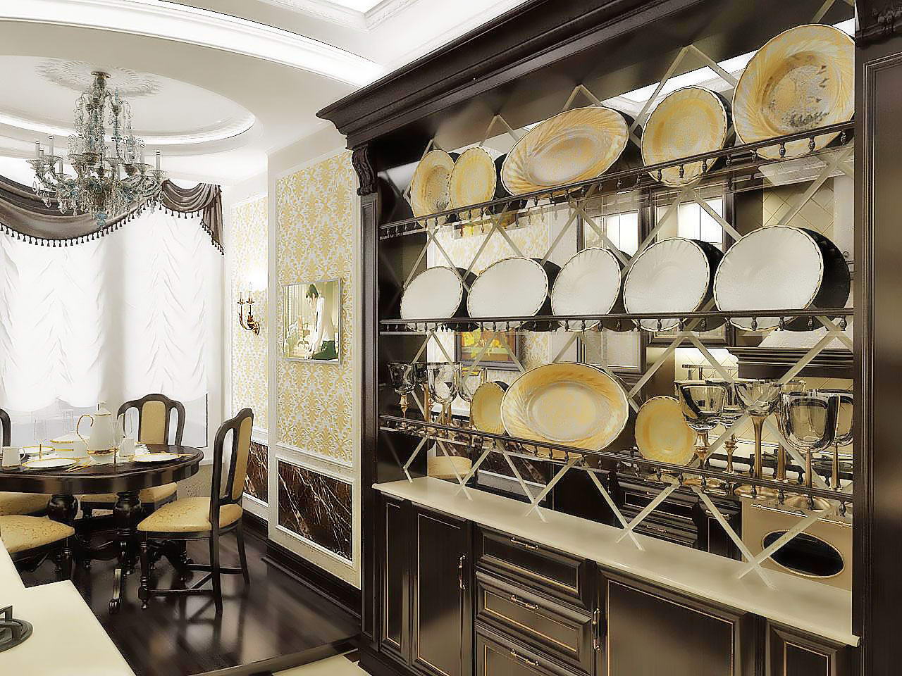 Дизайн интерьера кухня столовая классика фото дизайн проект киев визуализация