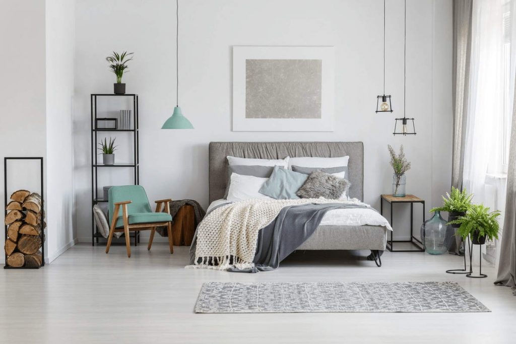 Дизайн интерьера спальни в скандинавском стиле, минимализм, светлый интерьер