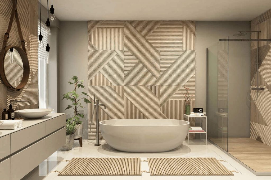 Дизайн интерьера ванной в стиле модерн, декоративная штукатурка на стенах, лепка, отдельно стоящая ванная пример, фото, дизайн интерьера, скандинавский стиль
