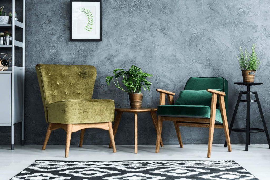 Дизайн интерьера кресла, скандинавский стиль, софременный интерьер, примеры, стена в штукатурке, покраска