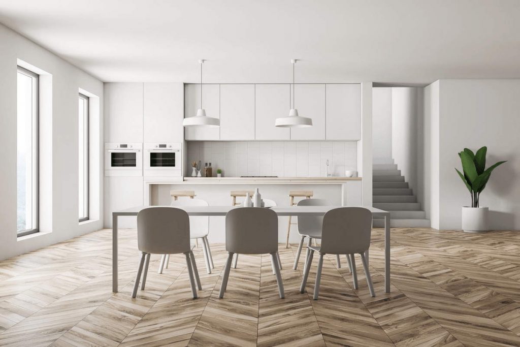 дизайн интерьера кухня гостиная, скандинавский стиль, стол и стулья, белый цвет