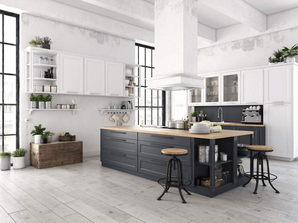 Дизайн интерьера фото скандинавский стиль, остров на кухне, белая кухня